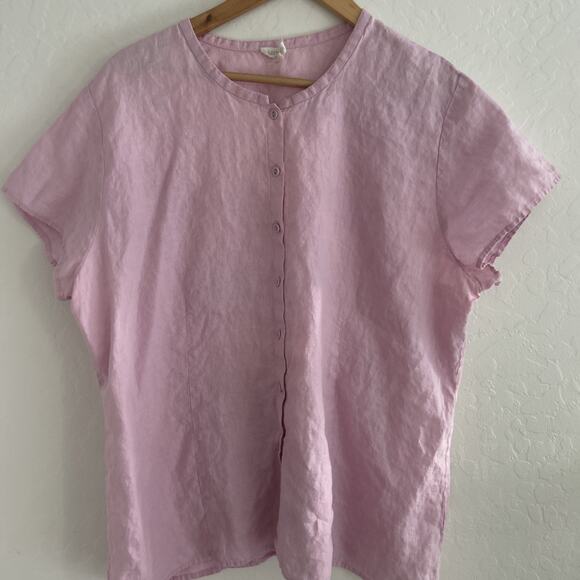 Eileen Fisher Pink Lily Irish Linen Short Sleeve Button Up Shirt XL Coastal - Picture 1 of 6